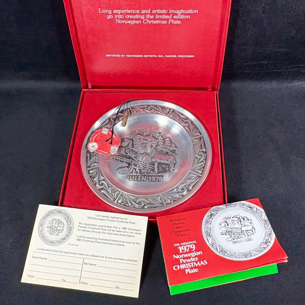 A. Holthe Norway Pewter Plate Julen 1979‎ Christmas Plate 7th Edition Tags Box